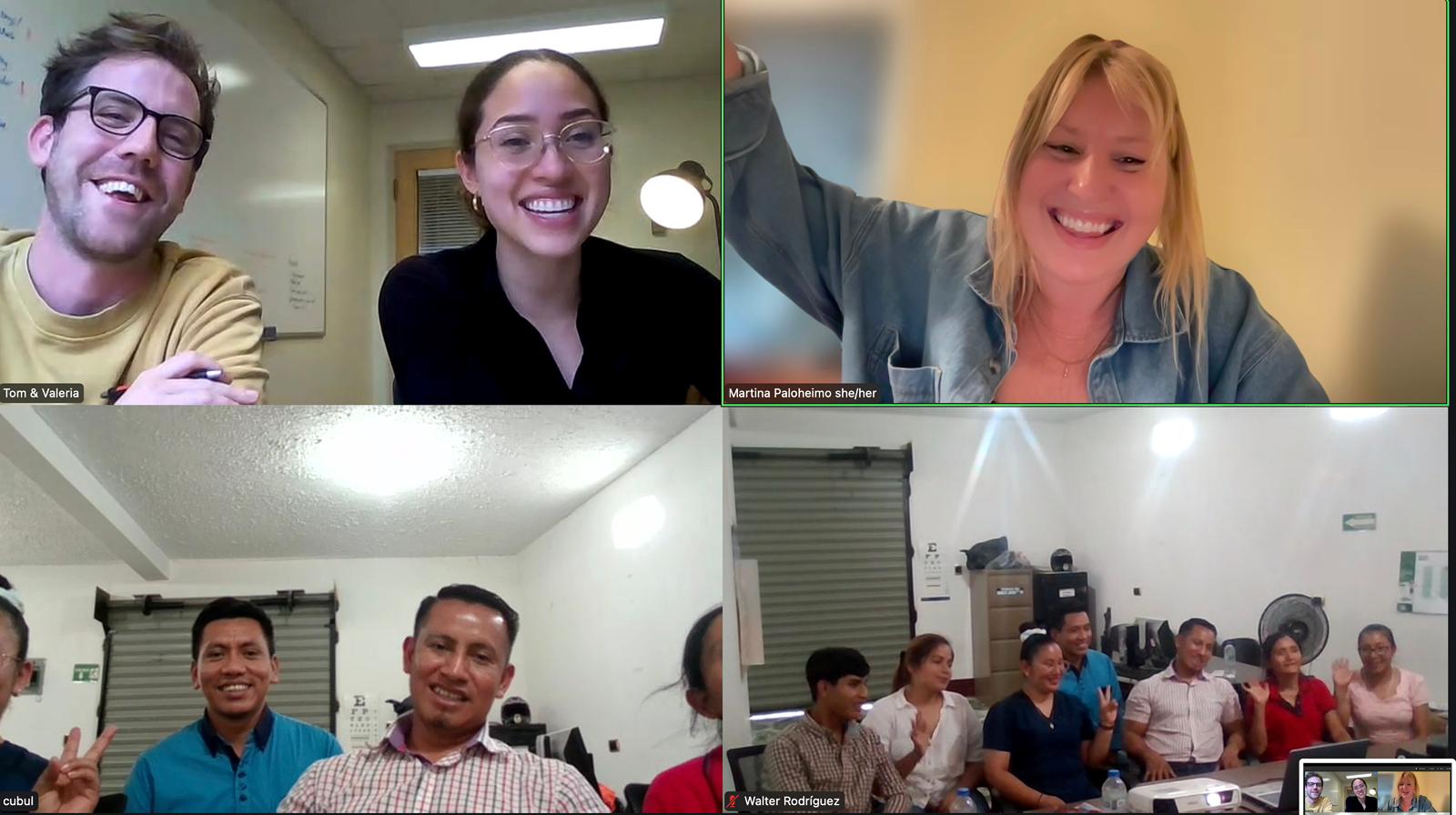 A screenshot of the Zoom call between participatory analysis session facilitators (pictured on the top row of the screenshot) and participants in Guatemala (on the bottom row).
