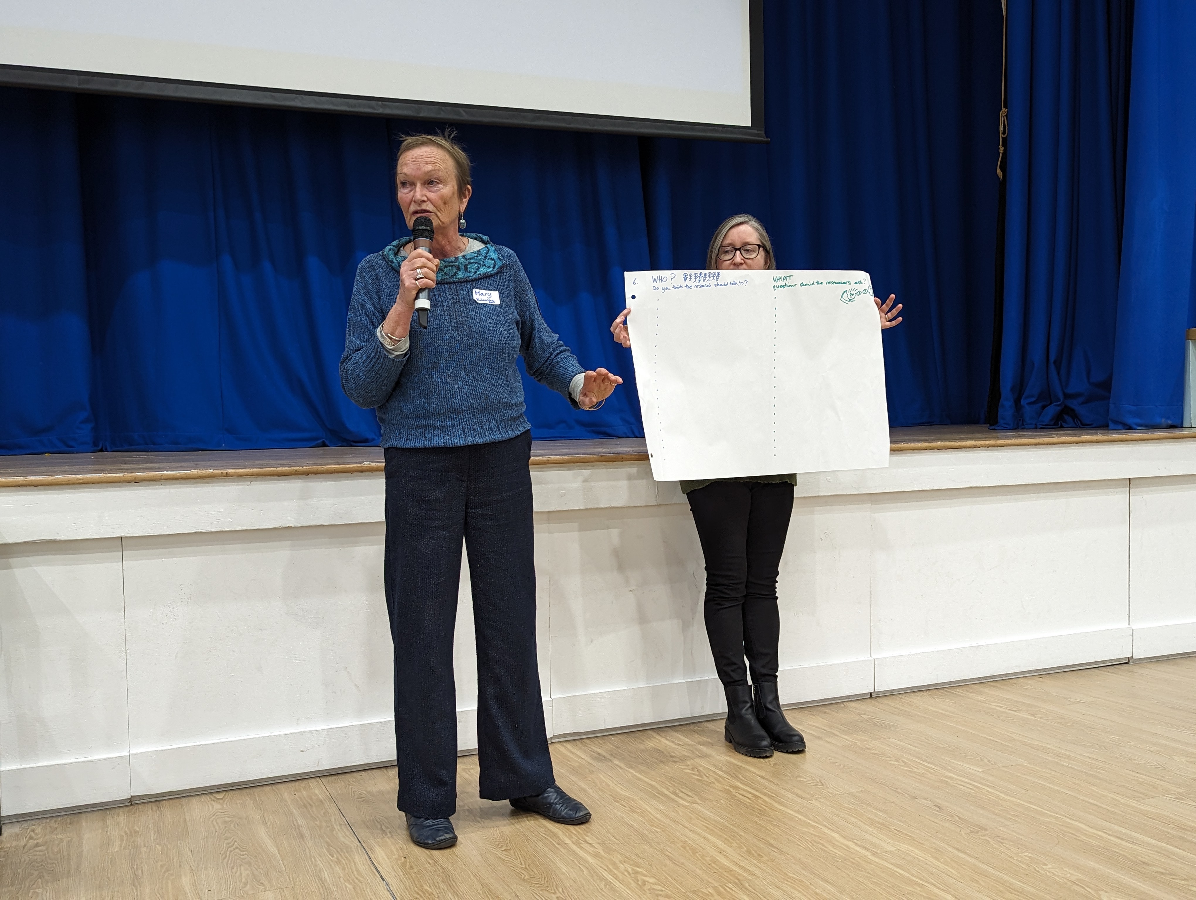 Mary Wickenden (L) points to a blank sheet of paper that details the activity that participants will complete. The paper is held by Ruth Patil.