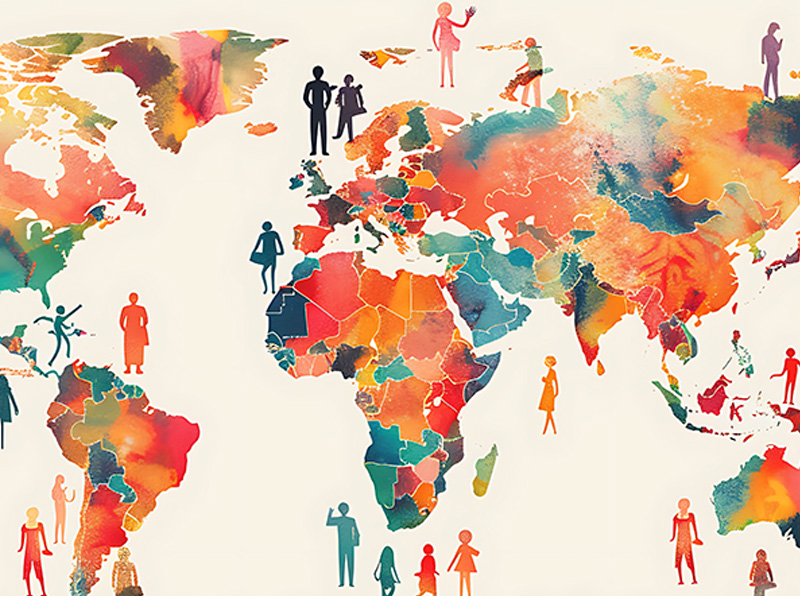 A stylized, multicolour world map featuring silhouettes of people standing and interacting across different regions, representing international collaboration and global community presence.