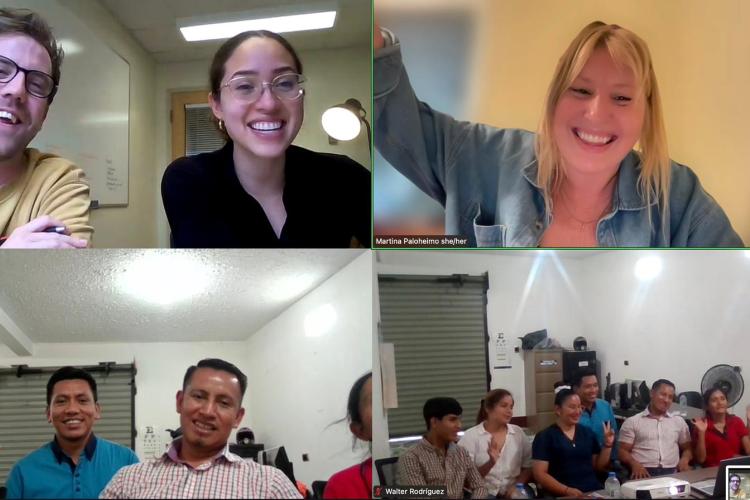 A screenshot of the Zoom call between participatory analysis session facilitators (pictured on the top row of the screenshot) and participants in Guatemala (on the bottom row).