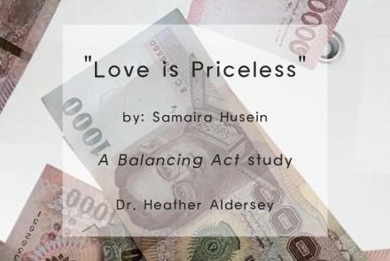 A thumbnail for the video created by Samaira, entitled 'Love is Priceless'. The thumbnail simply shows the title of the video, Samaira's name, and Dr. Heather Aldersey's name.